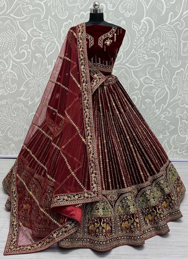 Velvet Maroon Bridal Wear Embroidery Work Lehenga Choli